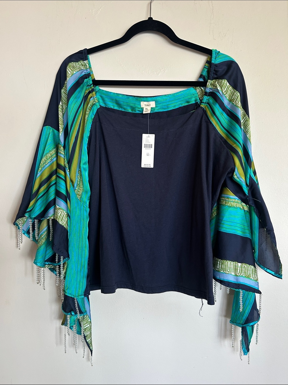 BRAND NEW! Anthropologie Tiny Navy Blouse with Teal & Green Accent aCape Sleeves